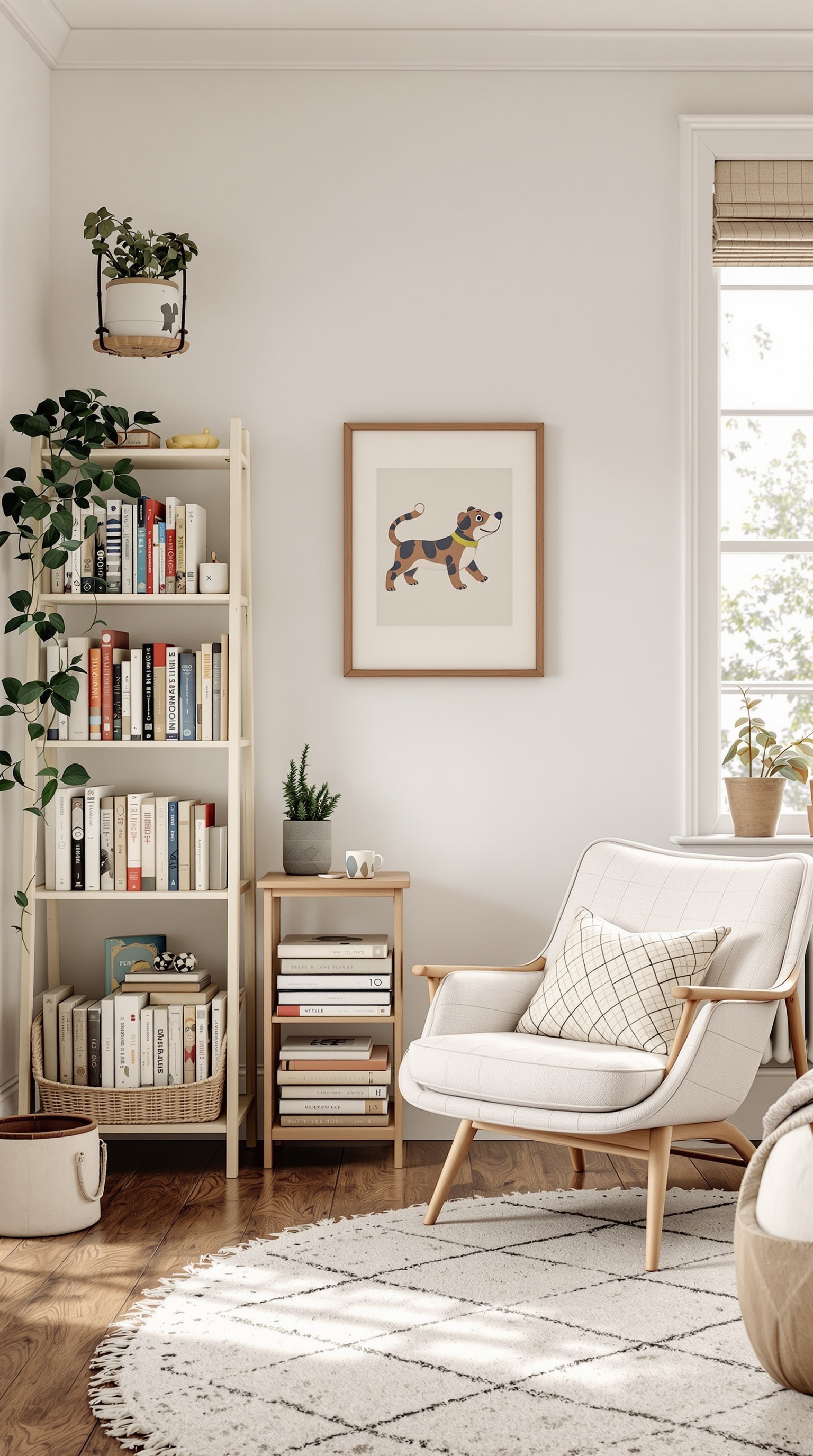A cozy reading nook in a vintage kids room featuring a white chair, a bookshelf filled with books, a playful dog illustration, and indoor plants.