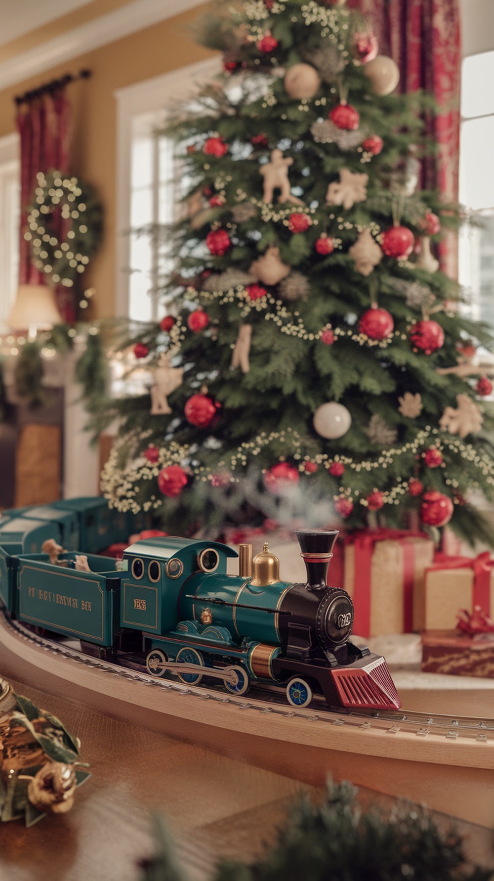 A vintage toy train set around a Christmas tree decorated with red ornaments and lights.