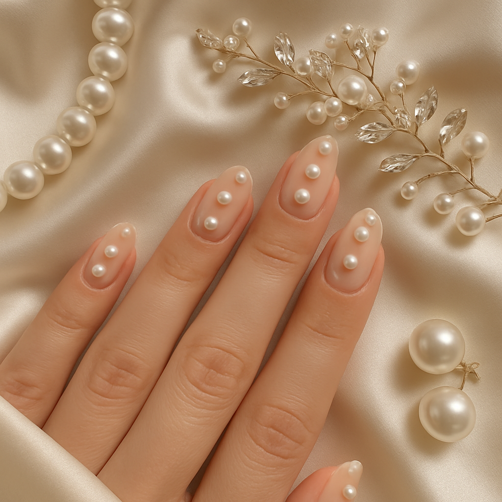 Nude nails with pearl embellishments on a satin background
