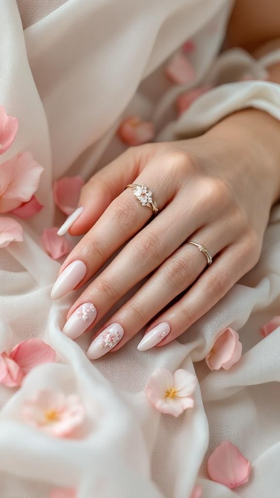 Nude wedding nails with floral details, surrounded by pink petals.