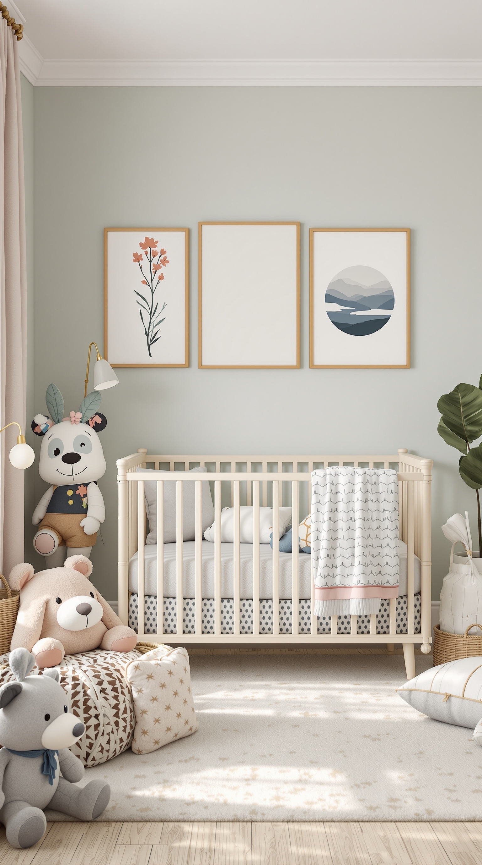 A cozy and nurturing baby nursery featuring a crib, plush toys, and calming wall art.