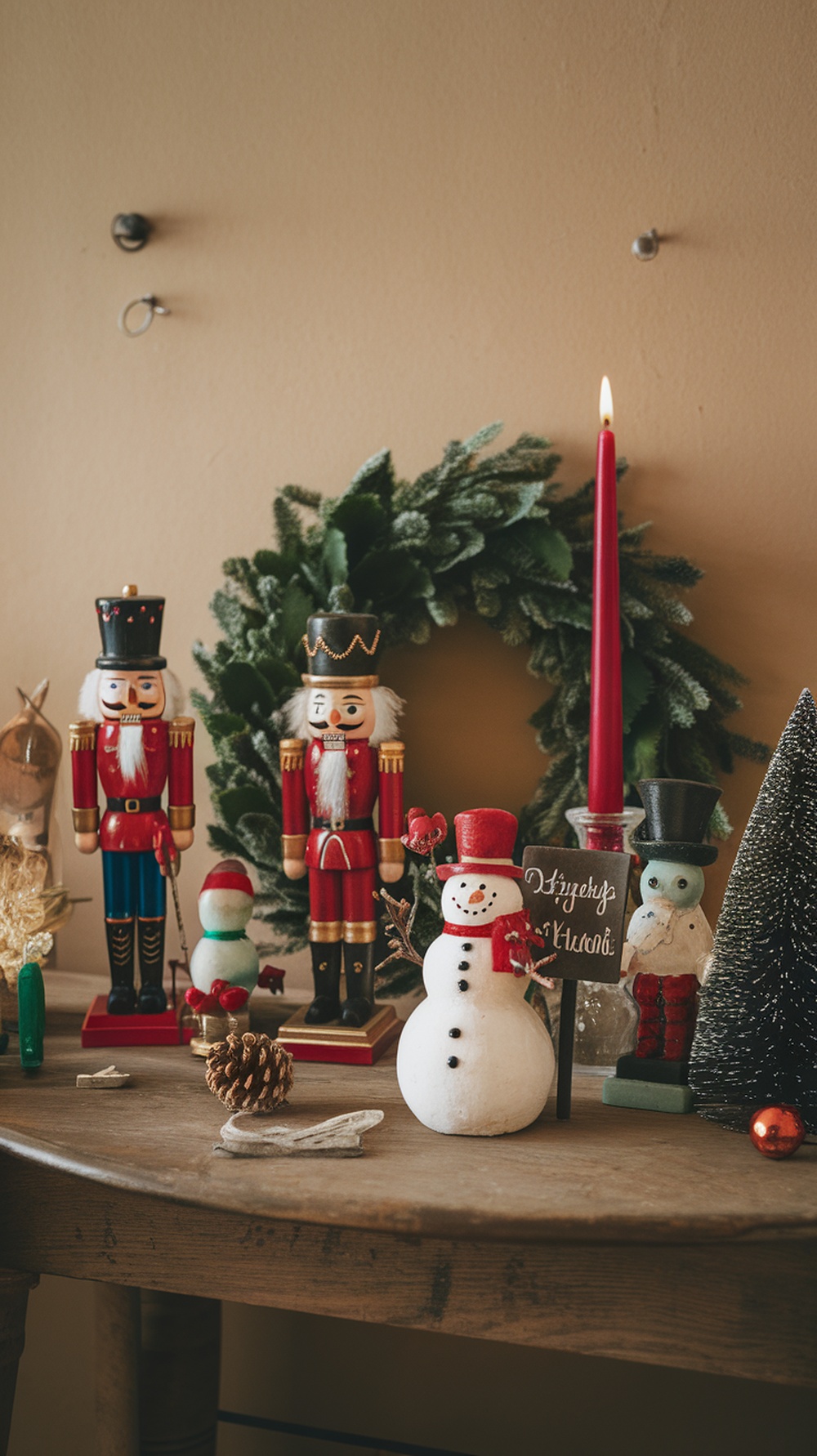 A festive display featuring nutcracker figurines, a snowman, a red candle, and a wreath on a wooden table.