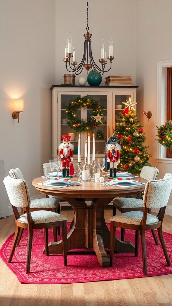 A dining table decorated with nutcracker and toy soldier theme for Christmas, featuring a round table with candles, plates, and a small Christmas tree.