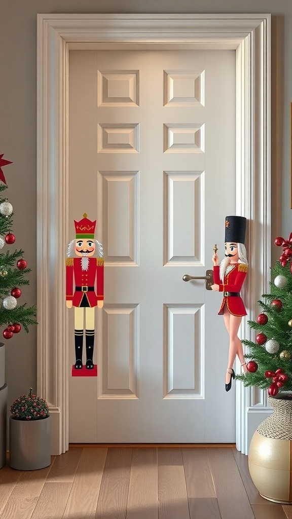 A door decorated with nutcracker figures and Christmas trees, capturing the Nutcracker Ballet theme.