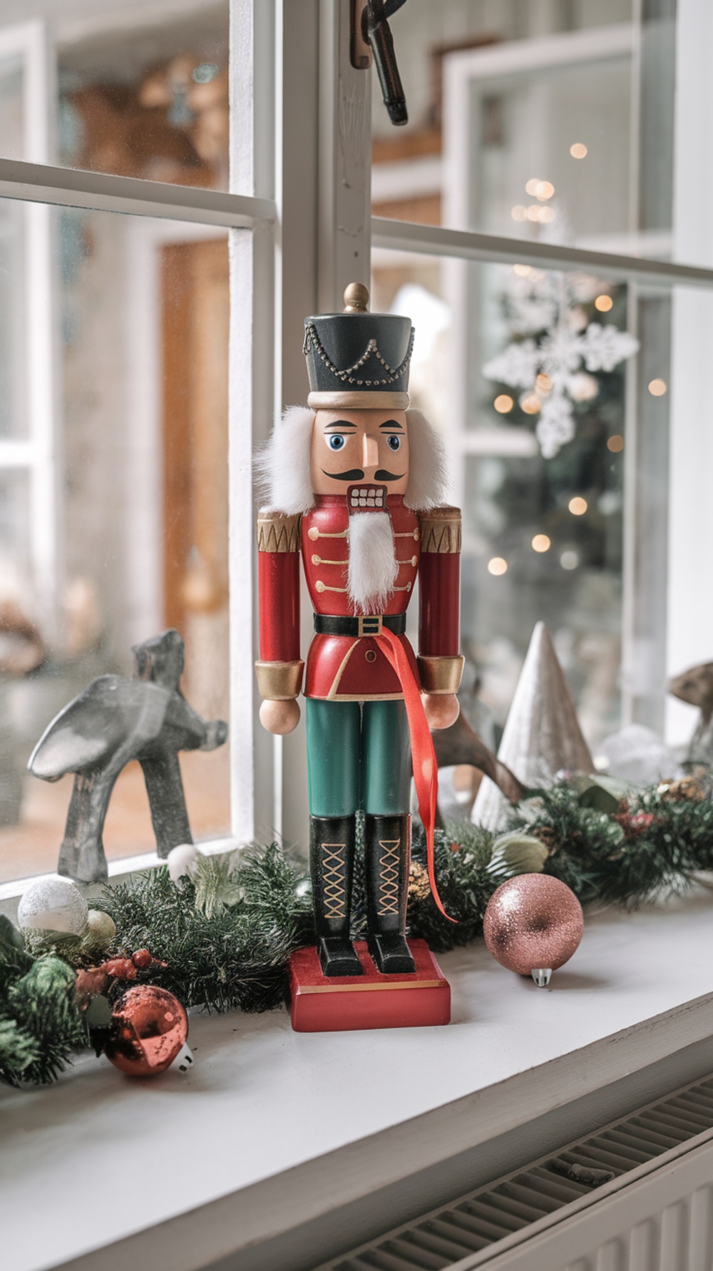 A colorful nutcracker figure stands on a windowsill, surrounded by festive decorations and ornaments.