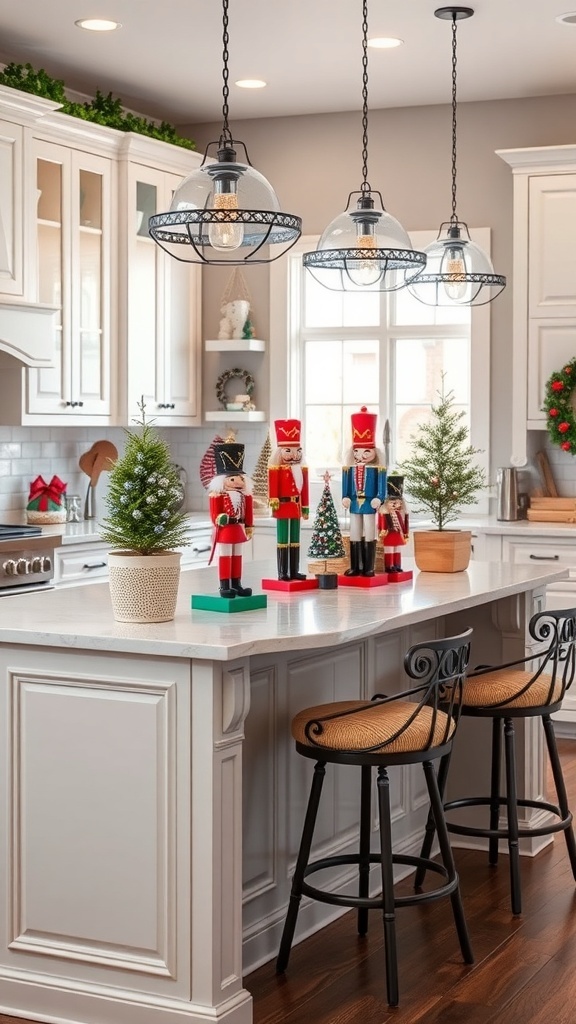 A festive kitchen island decorated with nutcracker figurines and small Christmas trees.