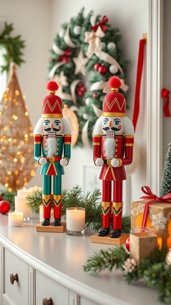 Two colorful nutcracker figurines on a Christmas entryway table, surrounded by candles and greenery.