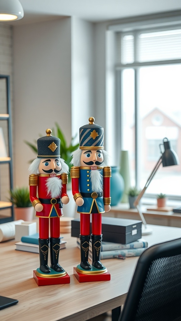 Two colorful nutcracker figurines on a desk in a bright office setting.