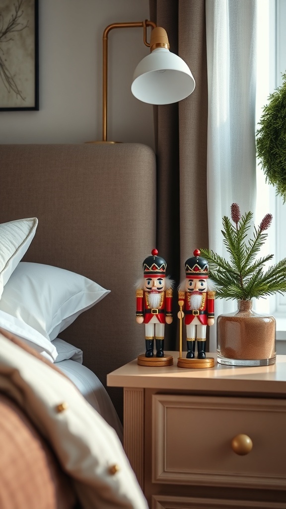 Two nutcracker figurines on a bedside table next to a small evergreen plant.
