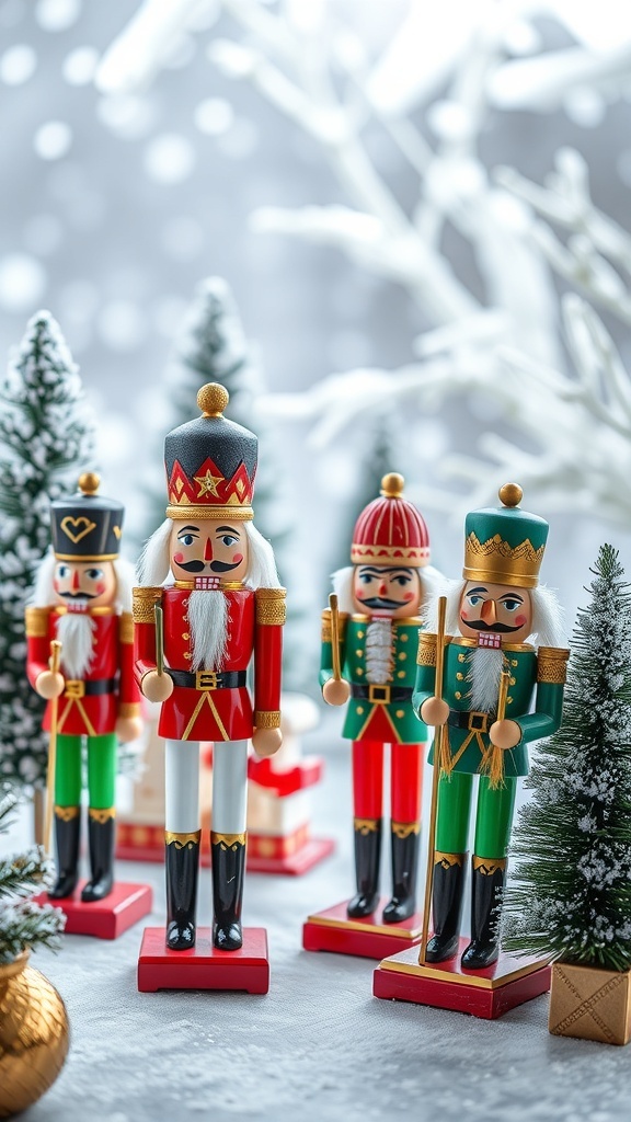 Colorful nutcracker figurines surrounded by small evergreen trees in a winter setting.