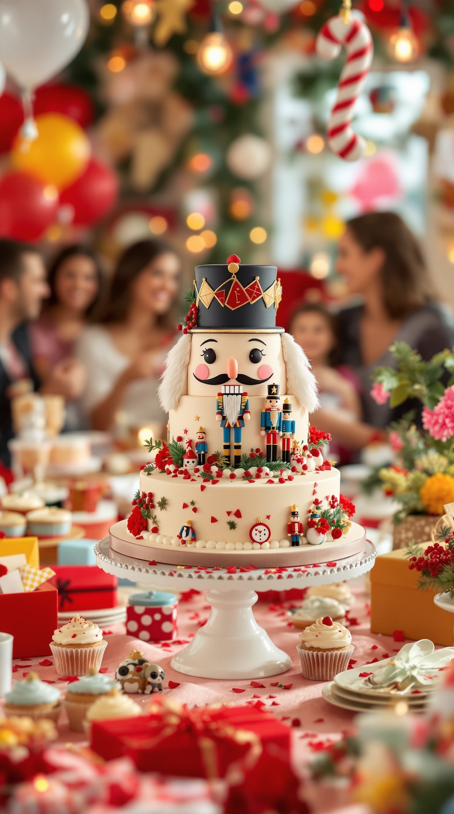 A beautifully decorated Nutcracker themed cake with festive decorations, surrounded by treats and gifts.
