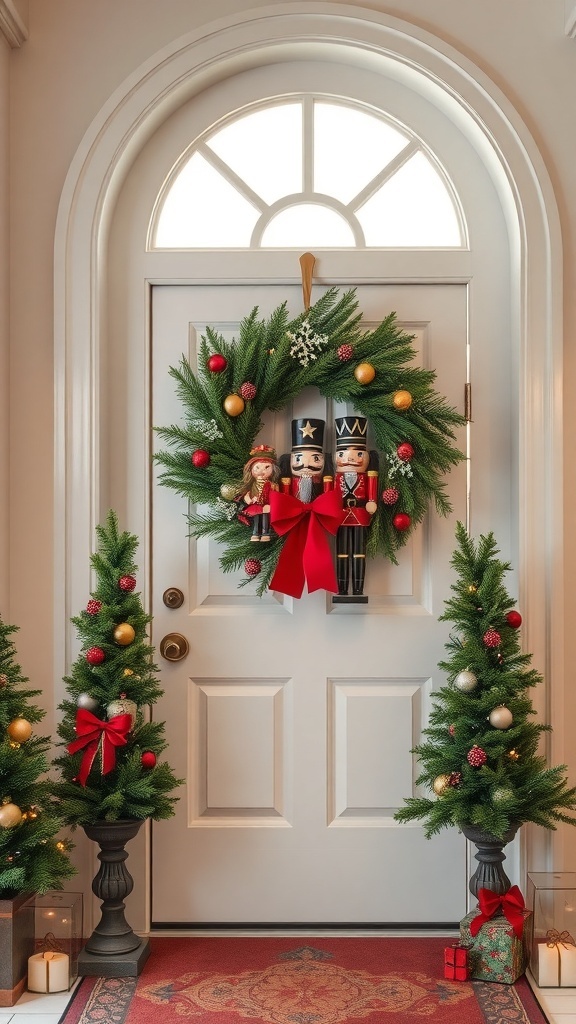 Nutcracker themed wreath with nutcracker figures and colorful ornaments on a front door