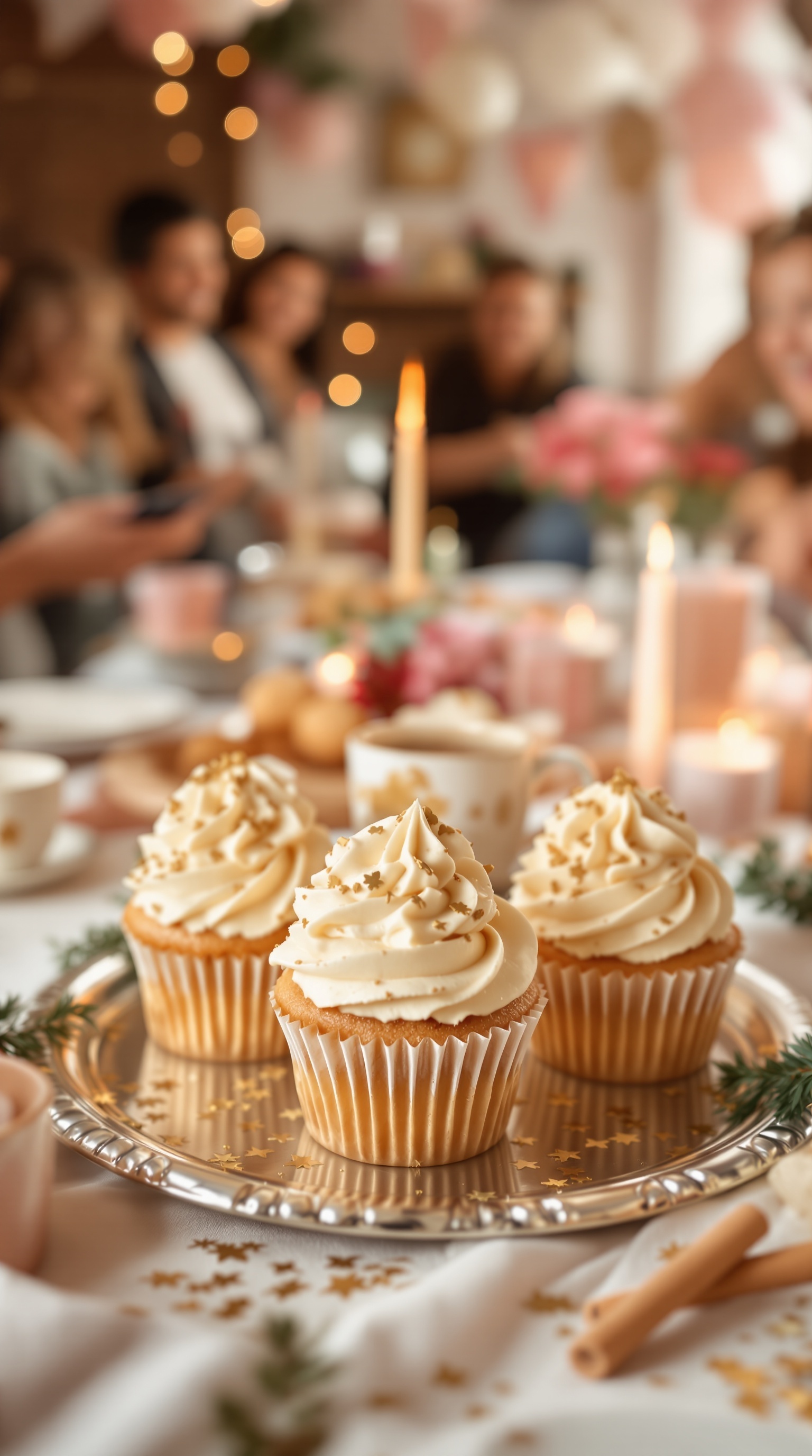 A platter of nutmeg and eggnog cupcakes with festive decorations