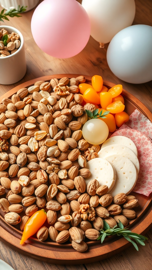 A charcuterie board featuring various nuts, candied fruits, and cheese slices, with colorful balloons in the background.