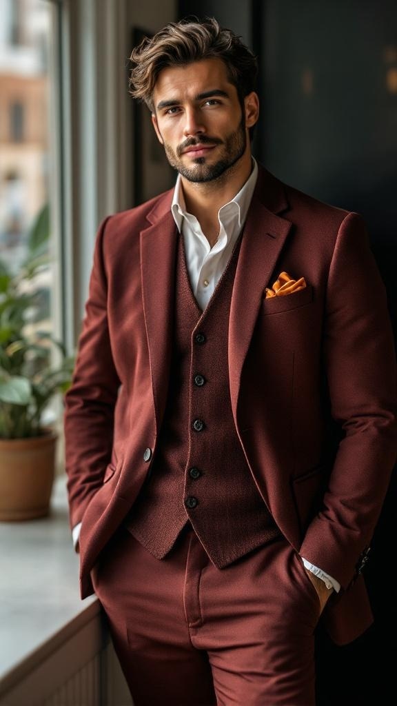 A man in a maroon suit, standing confidently by a window with a stylish look.