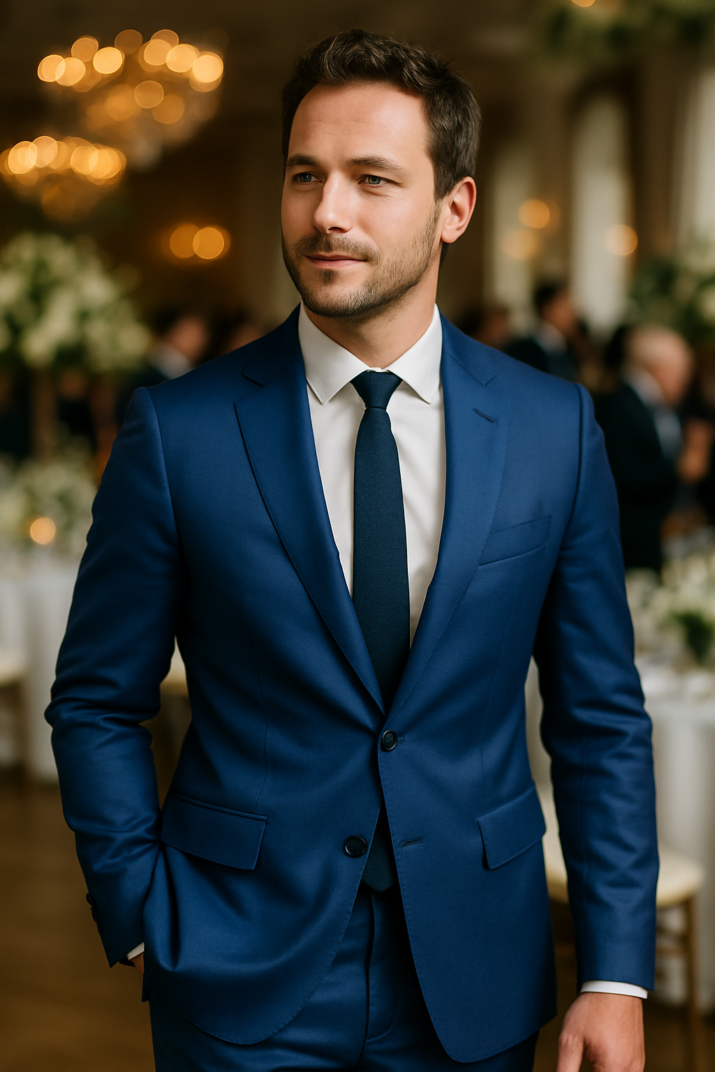 A man wearing a royal blue suit, looking confident and stylish.