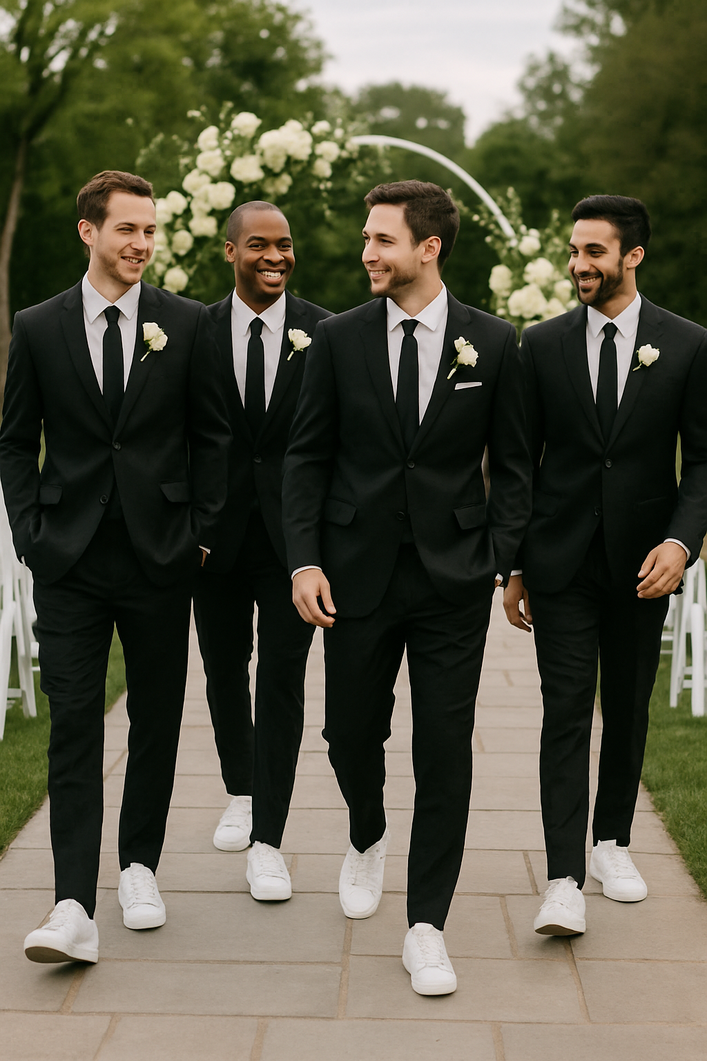 A collage of men in suits with sneakers at various occasions like weddings, casual outings, and business settings.