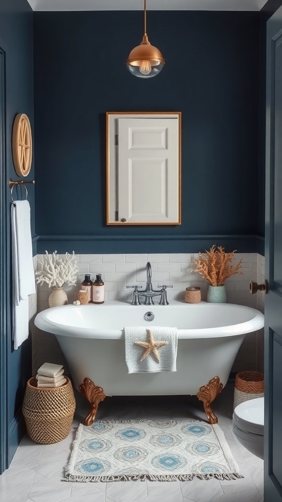 A dark blue bathroom featuring a white clawfoot tub, ocean-inspired accessories, and warm lighting.