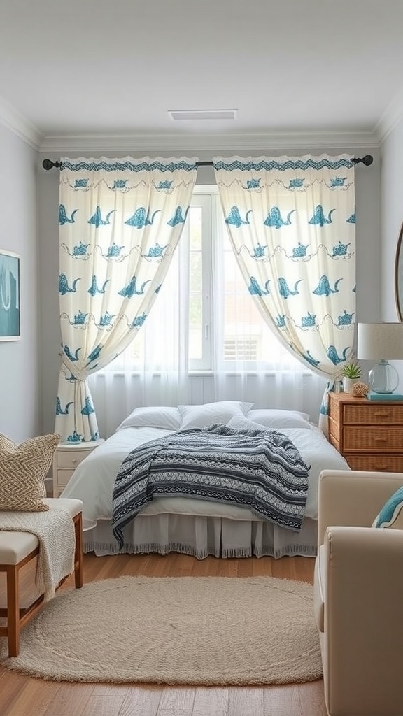Ocean-inspired curtains with blue motifs in a coastal teen bedroom