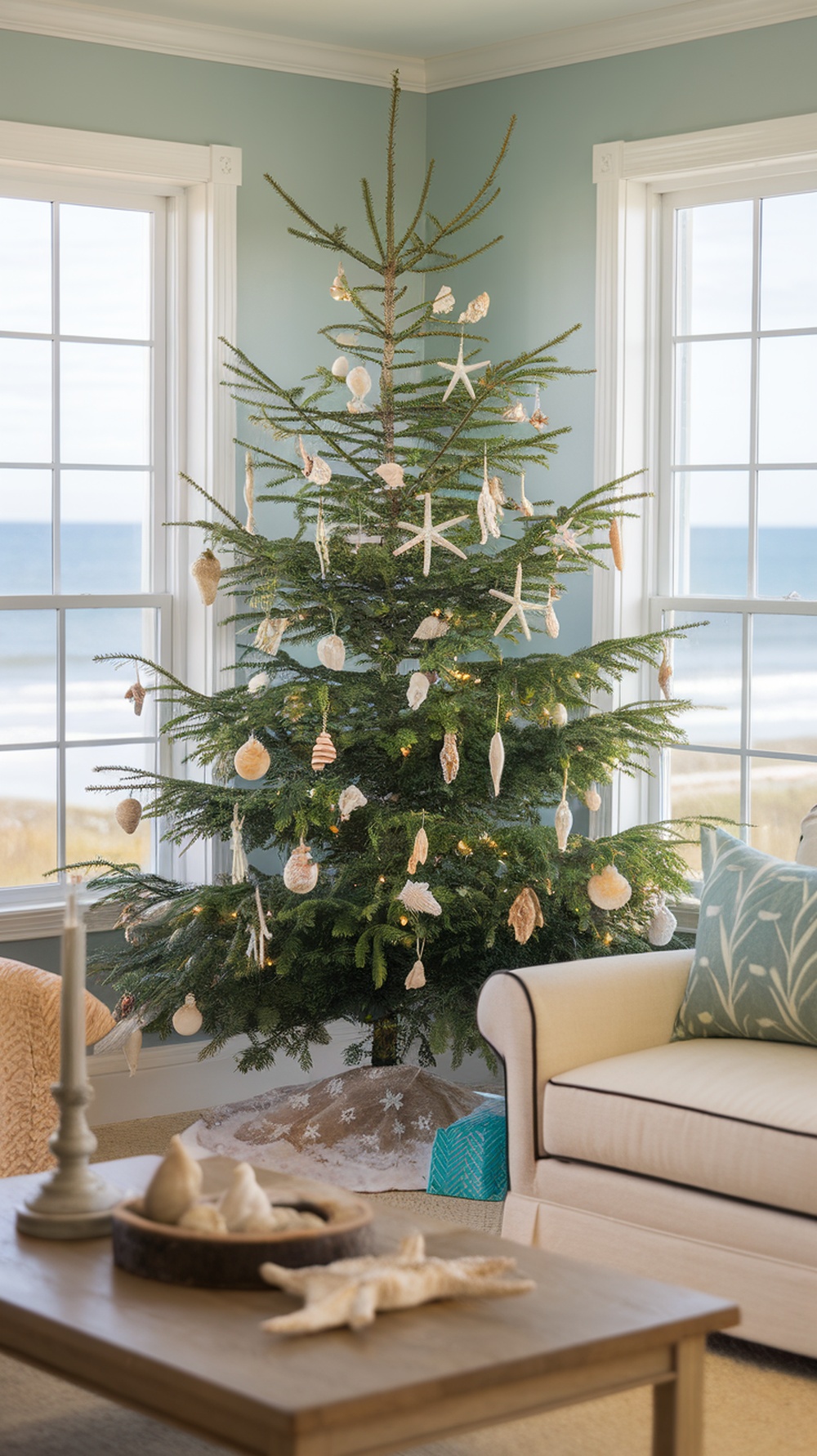 A Christmas tree decorated with seashells and starfish, set against a backdrop of the ocean.