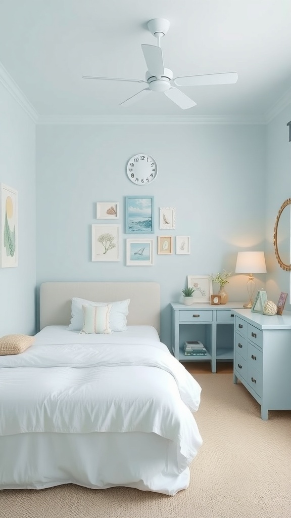A serene teen bedroom with soft blue walls, white bedding, and ocean-themed decor.