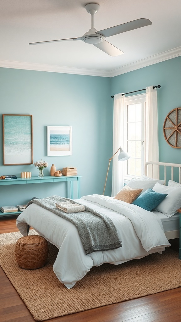 A tranquil bedroom with teal walls, a cozy bed, and ocean-themed decor.