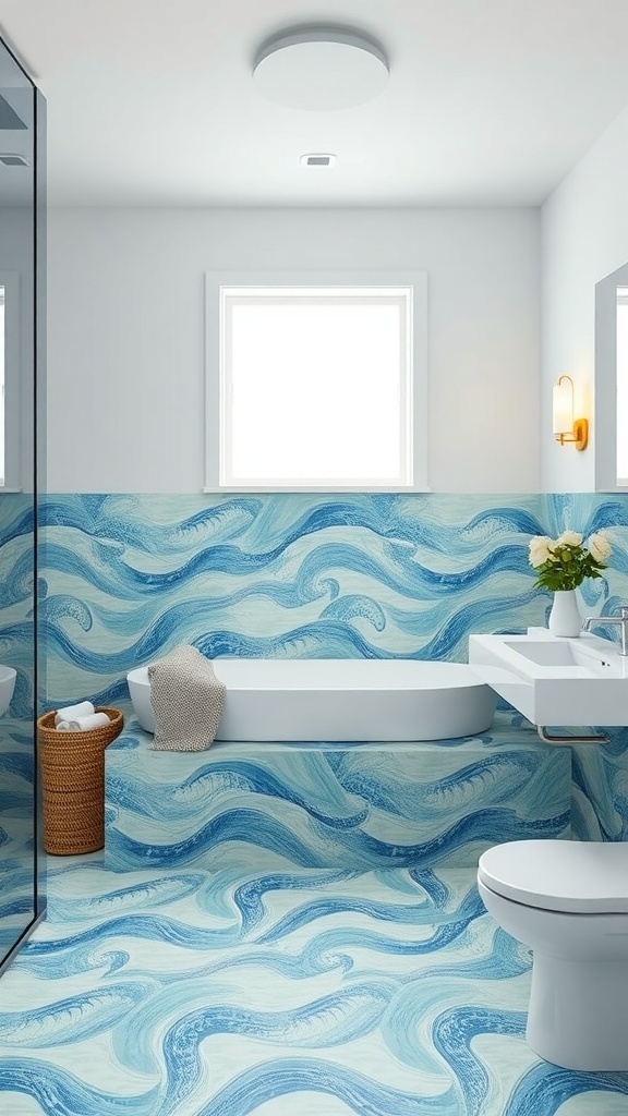 A bathroom with ocean-inspired tile designs featuring swirling blue and white patterns.