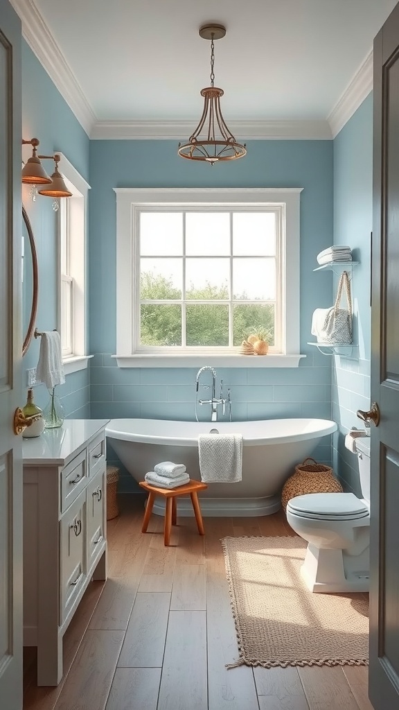 A serene bathroom featuring ocean blue walls, a freestanding tub, and natural light.