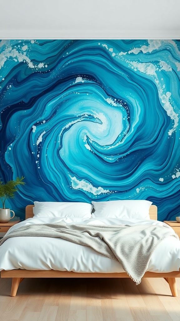 Abstract mural of swirling blue ocean waves
