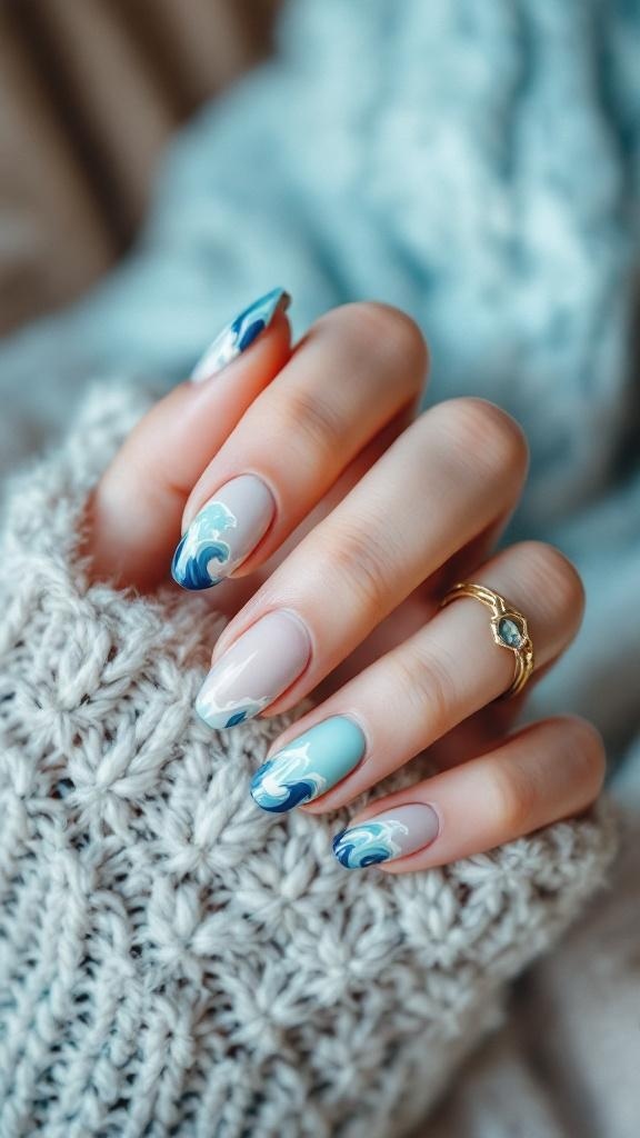 Nails painted with ocean wave designs in blue and white colors.