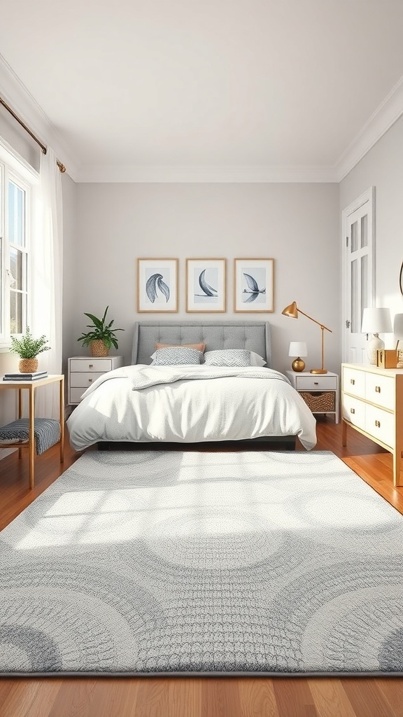 A coastal teen bedroom featuring a light-colored ocean wave inspired rug, a bed with white bedding, and framed artwork on the walls.