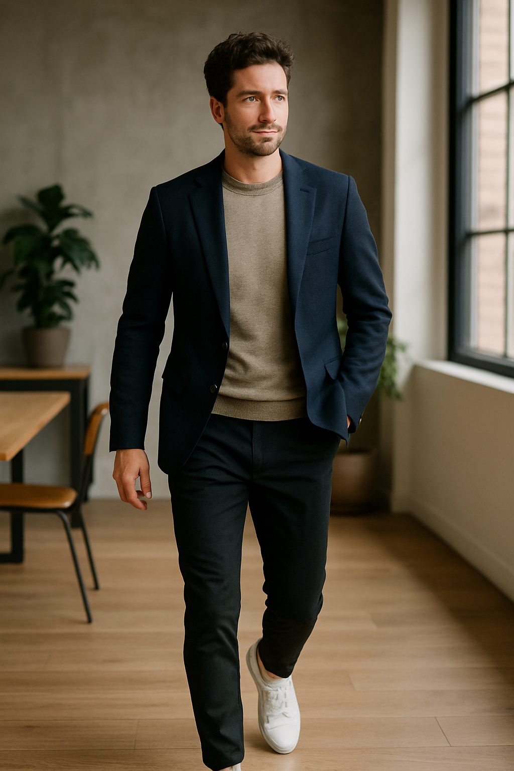 A man walking in an office setting, wearing a navy blazer, light sweater, black pants, and white sneakers.