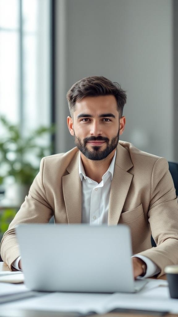A man in a beige blazer and white dress shirt working on a laptop in an office setting.