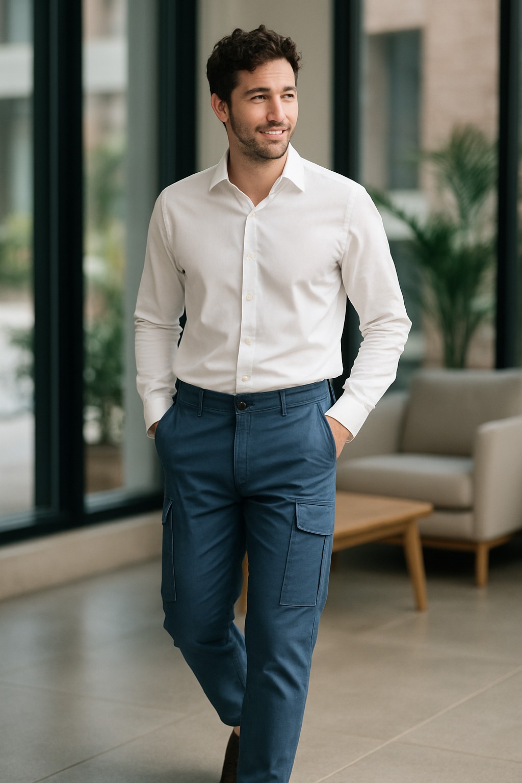 A man wearing blue cargo trousers and a white shirt, walking in an office setting.