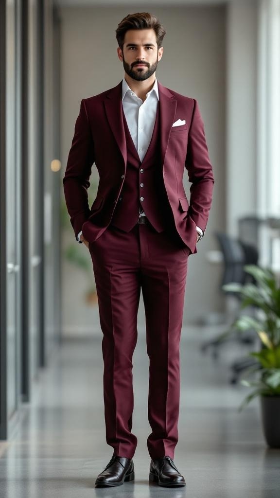 A man in a maroon blazer and dress pants, looking sharp and ready for the office.