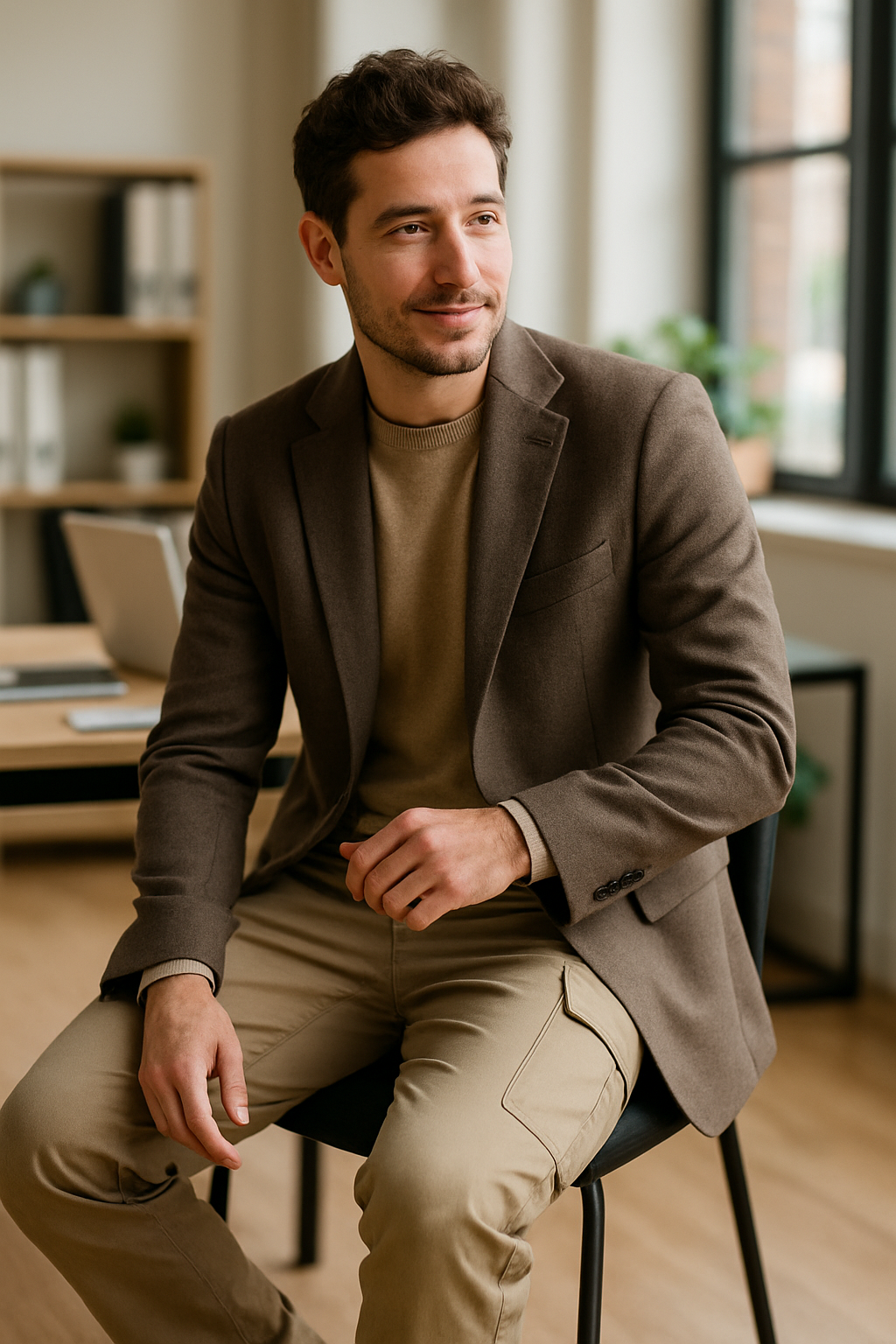 A man wearing beige cargo pants, a brown blazer, and a sweater, sitting in an office setting.
