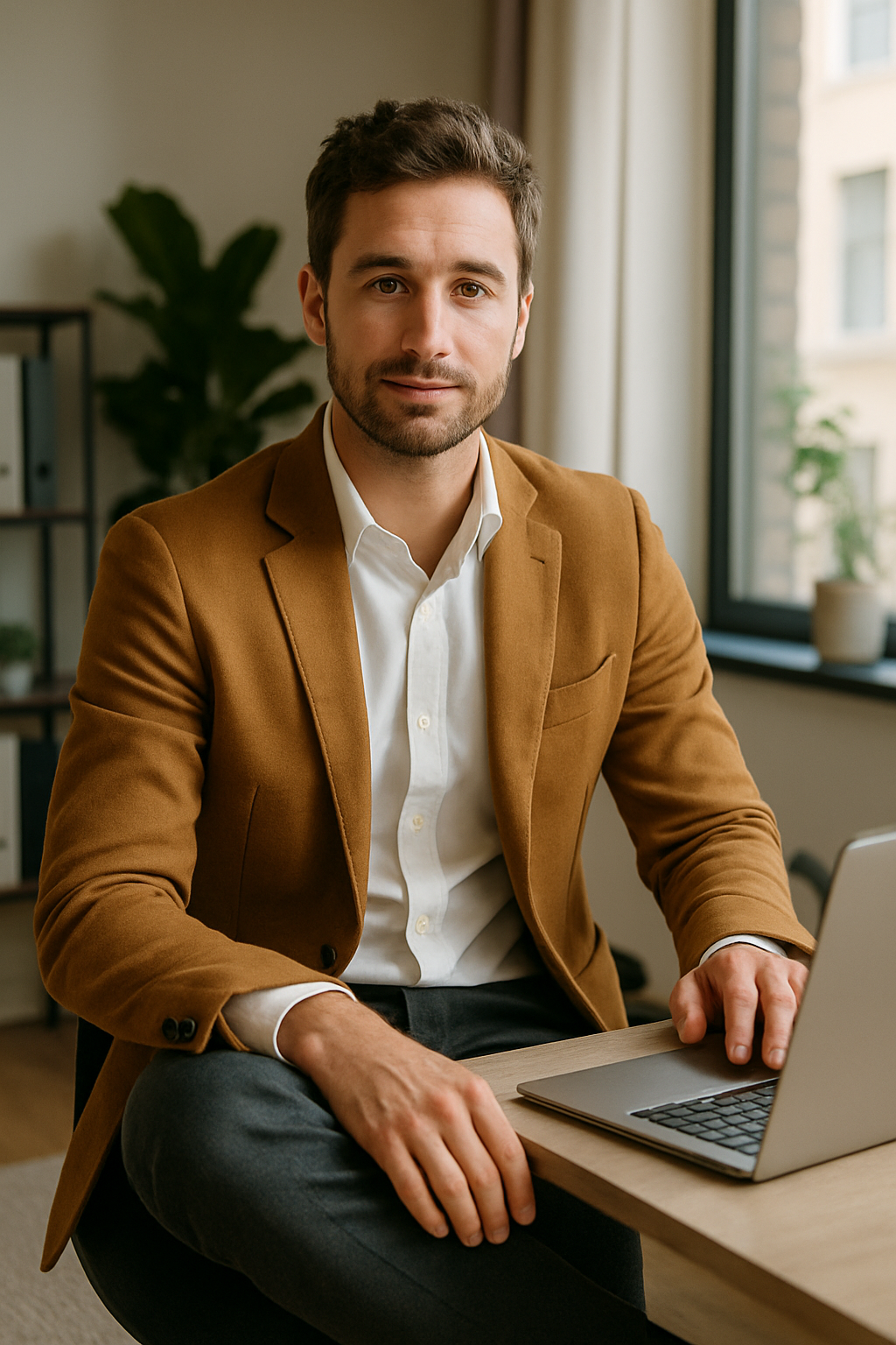 A man wearing a mustard blazer and white shirt, sitting at a desk with a laptop.