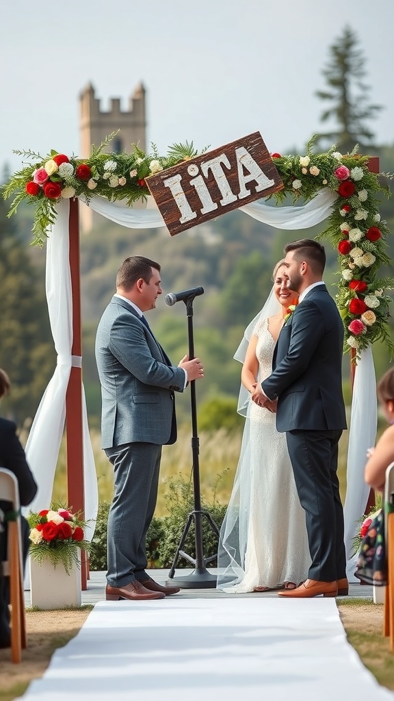 A couple exchanging vows during an outdoor wedding ceremony with an officiant, surrounded by decorations