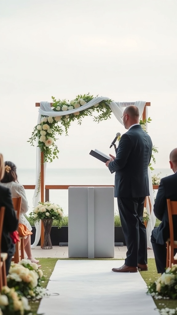 An officiant leading a wedding ceremony under a floral arch with guests seated in front.