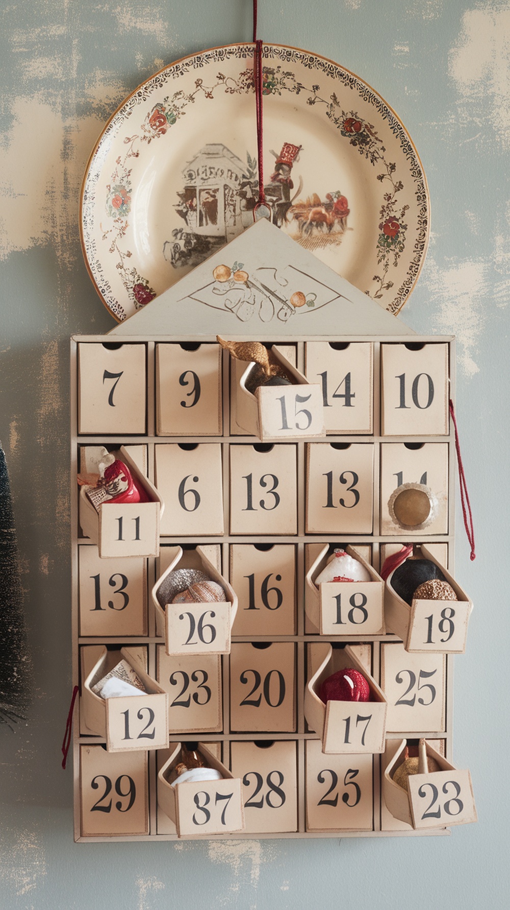 A vintage advent calendar with numbered drawers and small ornaments inside.