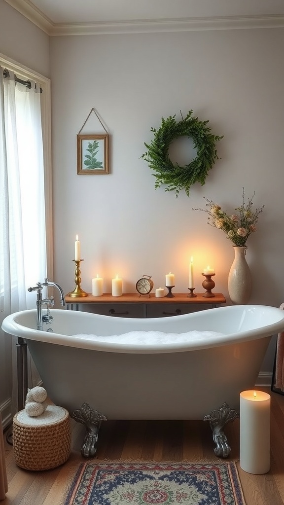 A cozy cottagecore bathroom featuring an old-fashioned bathtub with candles, flowers, and soft lighting.