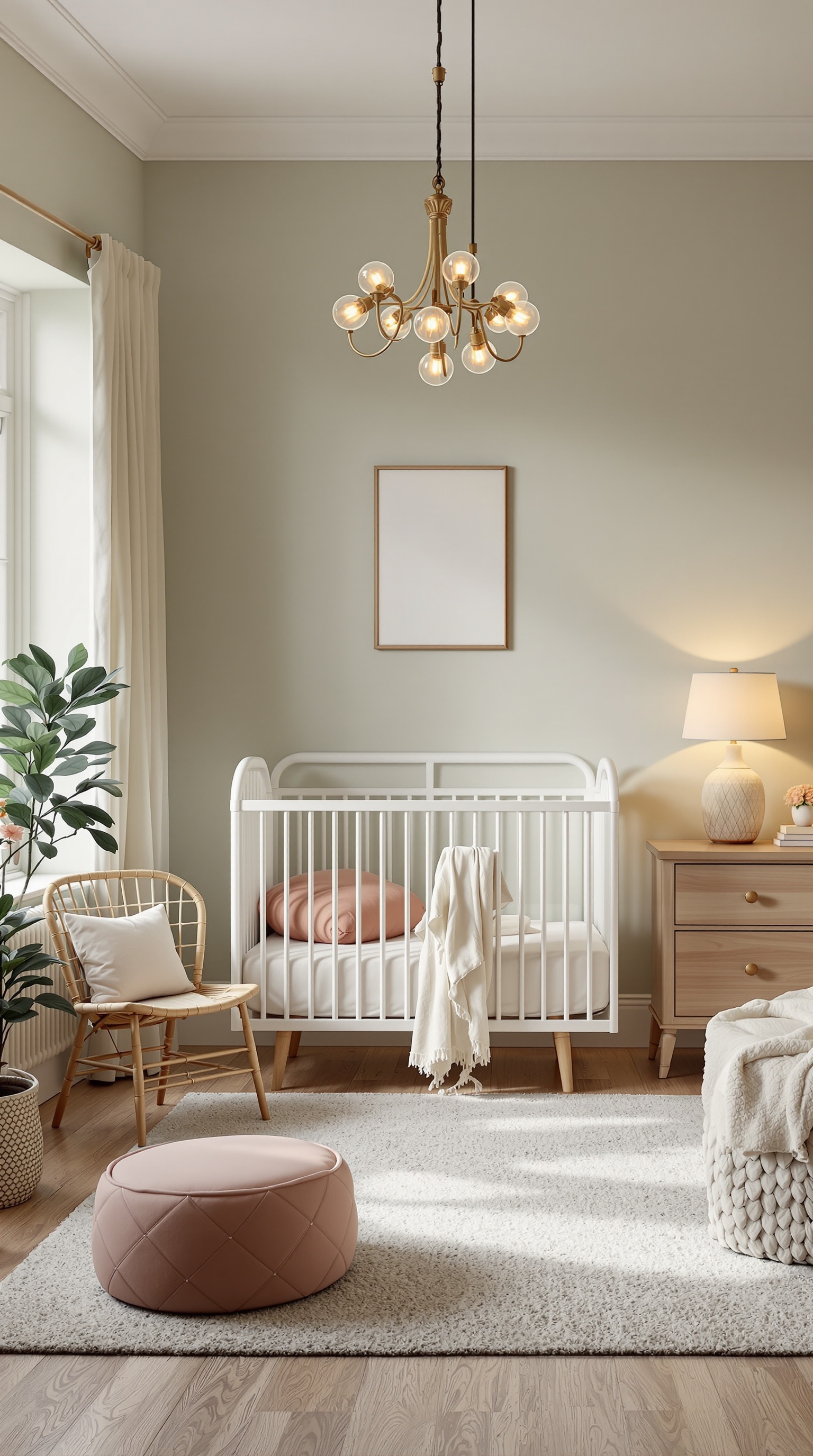 A vintage baby room featuring a chandelier, crib, and soft decor.