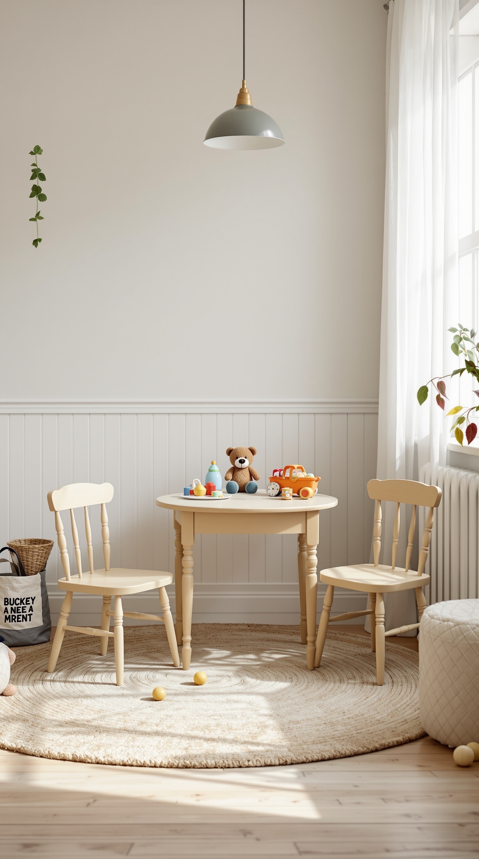 A vintage toddler play area featuring a light wooden table and chairs, colorful toys, and a teddy bear on the table, with a soft rug and natural light.