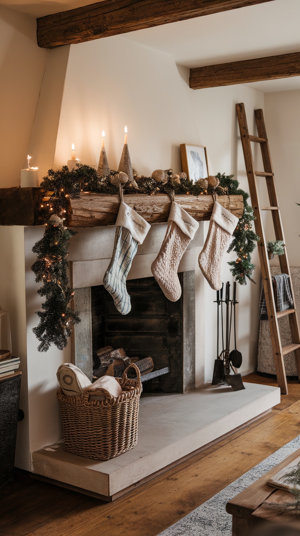 A cozy fireplace with three old-fashioned stockings hanging on the mantel, surrounded by festive decorations.