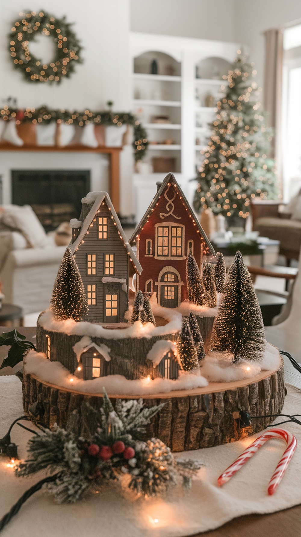 A cozy vintage Christmas village display with small houses, snowy trees, and warm lights.