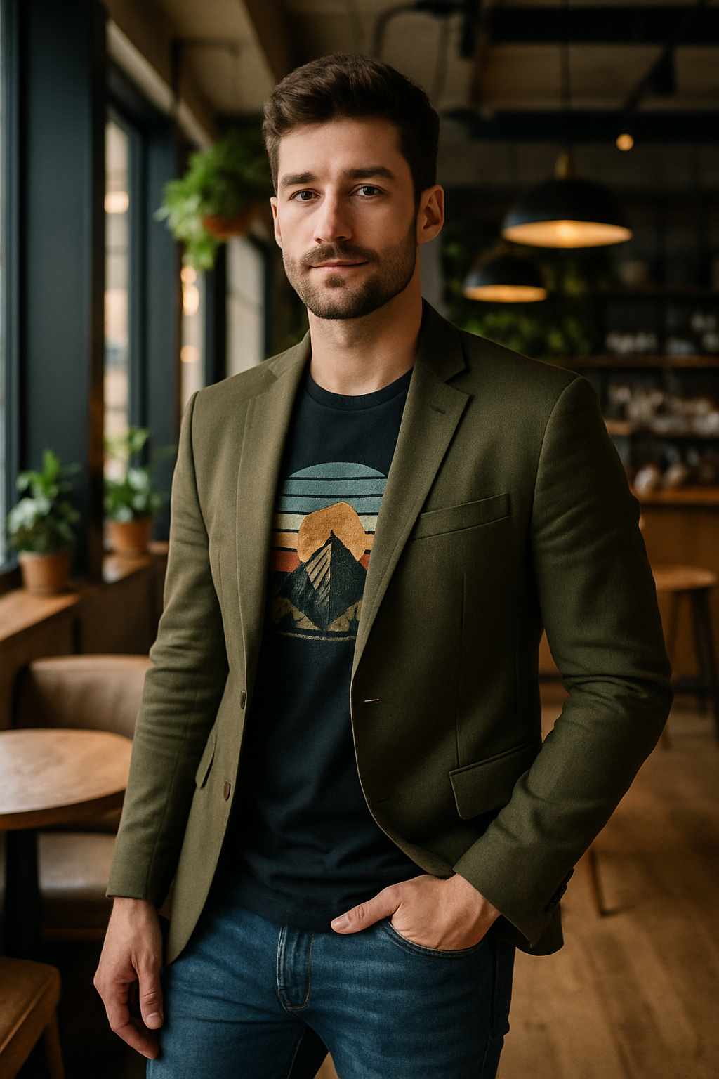 A man wearing an olive blazer over a graphic tee, standing in a cozy café setting.