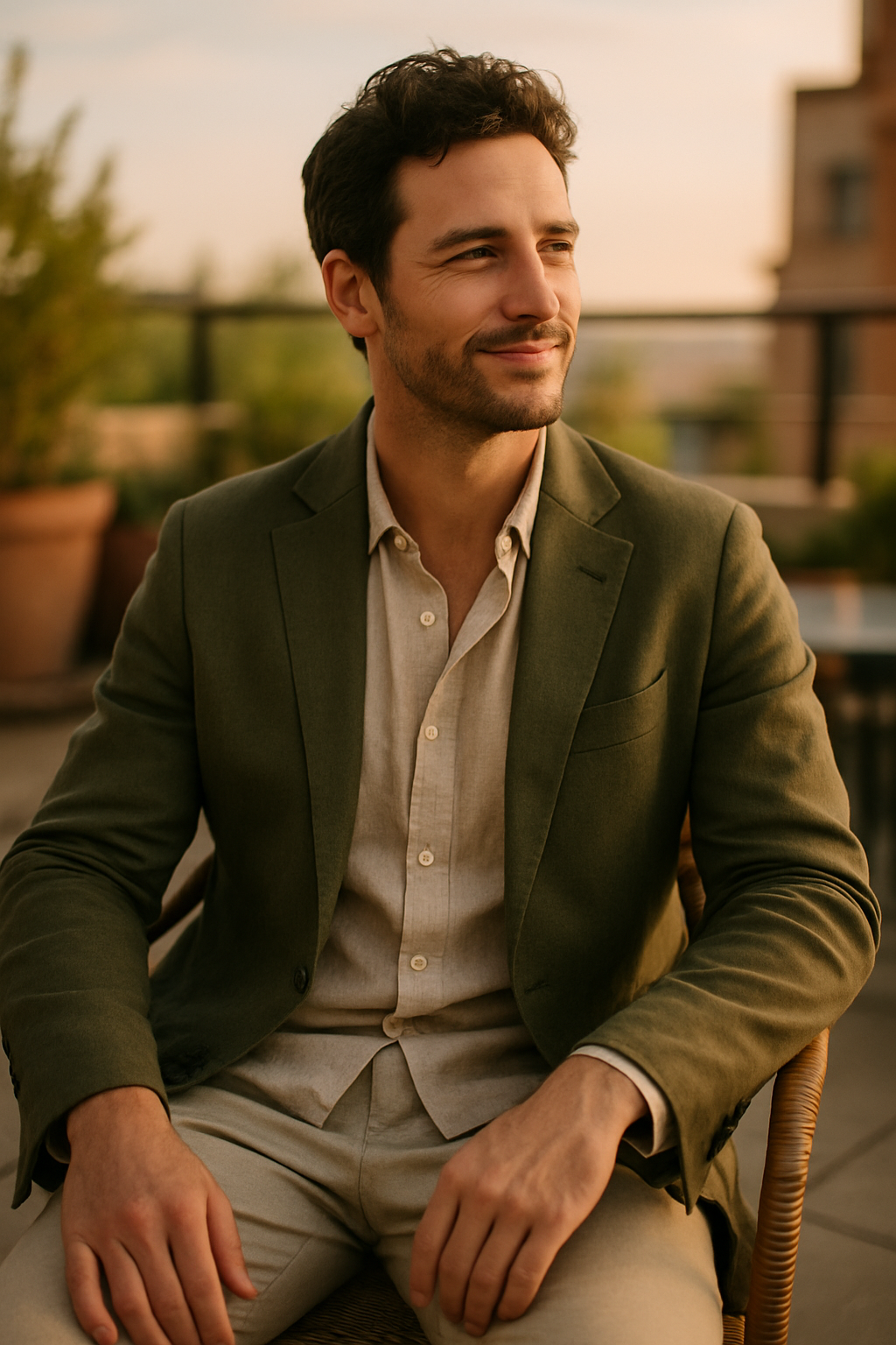 A man wearing an olive blazer and light shirt, sitting outdoors during a summer evening.