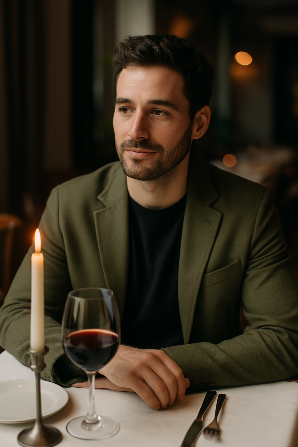 A man in an olive blazer sitting at a table with a candle and a glass of red wine