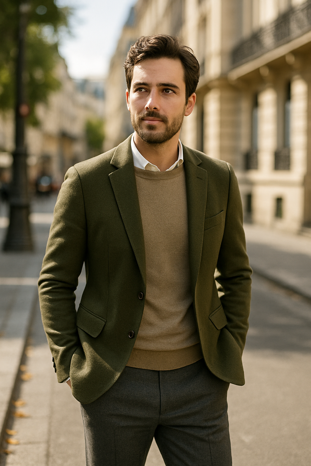 A man wearing an olive blazer over a light sweater and tailored grey trousers, standing on a city street.