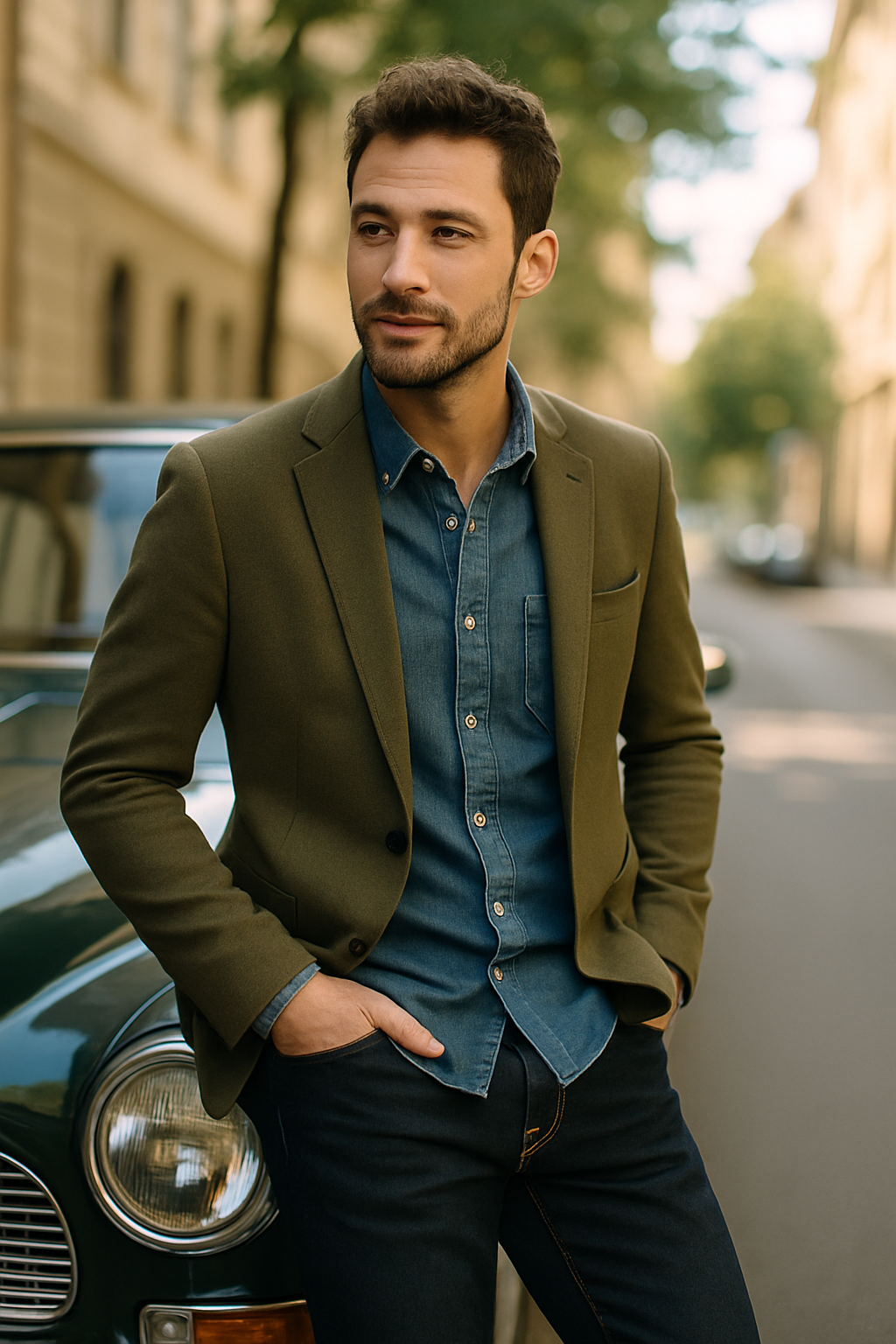 A man wearing an olive blazer over a denim shirt, standing beside a classic car on a city street.